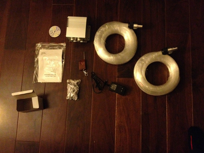 This is the kit I purchased from Wiedamark.com. It came pretty quickly and so far I haven't had issues. It included a light source with a twinkle wheel already installed, 600 fiber strands (2 bundles of 3 hundred strands (three different size strands)), a remote, a color wheel you can add to make the stars colored, and a key fob to turn it off and on remotely.