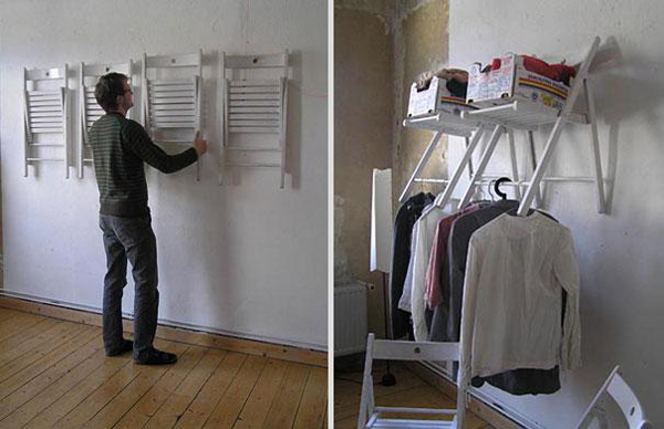 2.) Convert folding chairs into a shelf and closet.