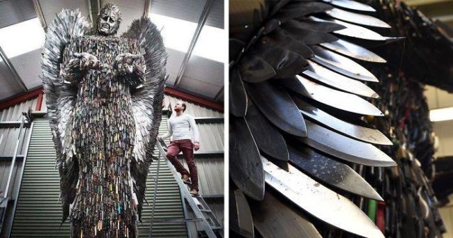 After cleaning and blunting the knives, Bradley welded them one by one to the sculpture and used blades to shape the wings. Now that it's complete, he wants to show it in Trafalgar Square in London to raise awareness about knife violence. However, he hasn't yet been successful at getting permission to do so.