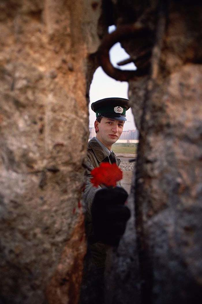 1989年-东德士兵将一朵花穿过柏林墙,然后将其推倒。