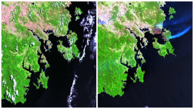Brush fires caused by extremely hot and dry weather conditions in Australia burned over 148,000 acres in Tasmania in January 2013.More than 40 percent of the structures in the township of Dunalley were destroyed.You can see the burned areas and smoke still rising in the right image, which was taken almost a year after the image on the left.