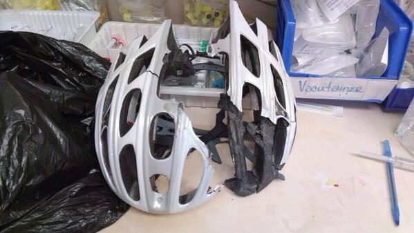 "Wear your helmets when biking. No doubt this helmet saved a friend from serious head injury or death."