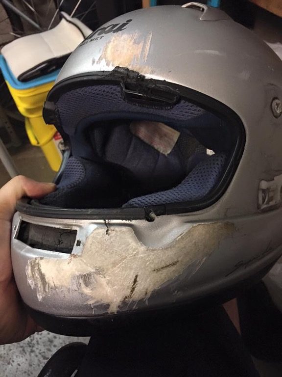 "This is why you wear a full helmet. My friend was hit by someone who ran a red light. If he had worn a skull cap, he'd have no lower jaw."