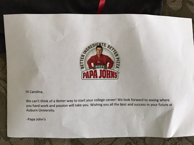 But it got even better for Carolina. After she tweeted Papa John's to let them know that her essay about their pizza got her into Yale, the company wrote back...
