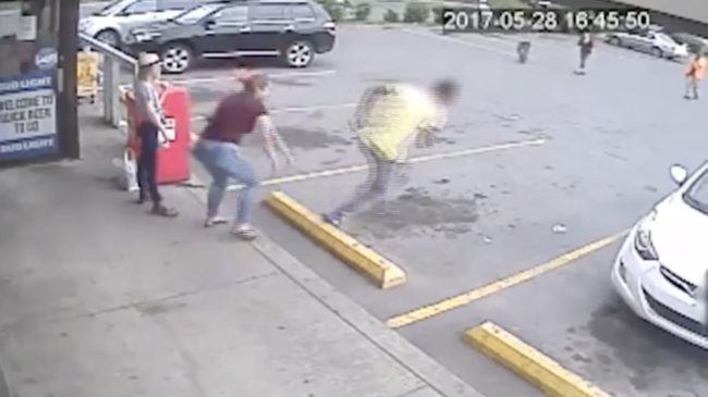 After the innocent exchange, his girlfriend followed up behind him and began verbally and physically attacking him.