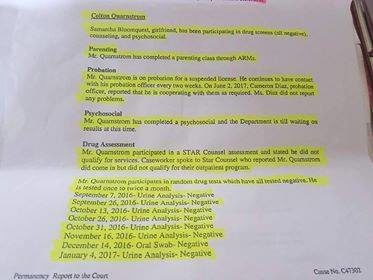 It's a bit hard to read, but the document below states that Quarnstrom has participated in counseling, completed a parenting class, meets with his probation officer every two weeks (with no problems reported), and has tested negative on all his drug screenings since September 2016.