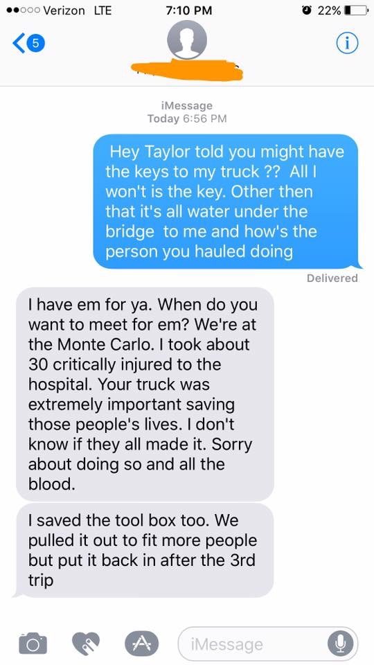 Three days after the shooting, the owner got in touch with him and found out why he'd stolen the truck.