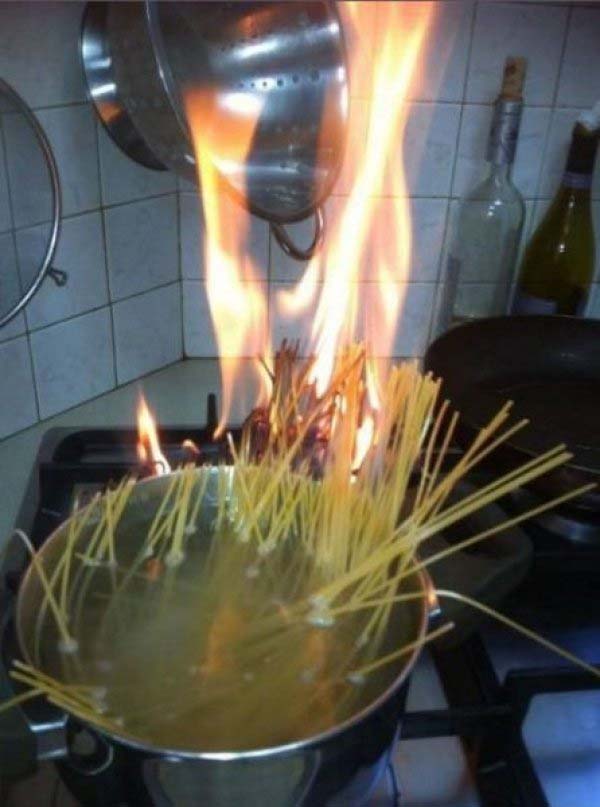 20.) How does one even ATTEMPT to set pasta on fire using water?