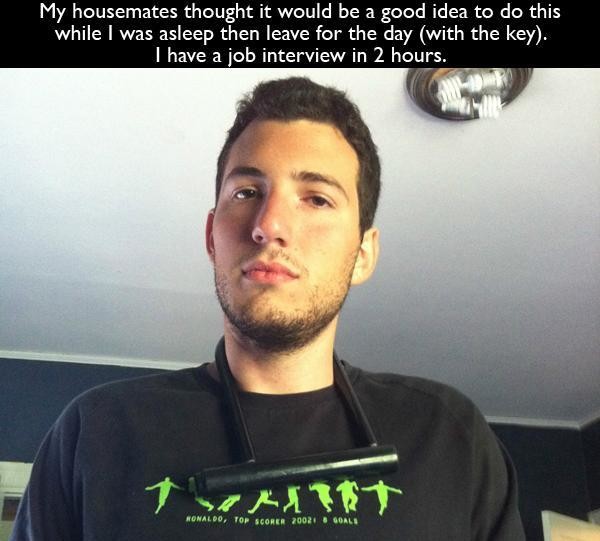 This is just not cool, man.How's he gonna pay rent if he can't get a job?Guess the joke is on the jokester...