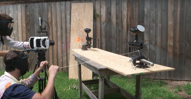 First, they rigged up the paintball guns with some string, and once they fired, the camera was there to capture the whole thing.